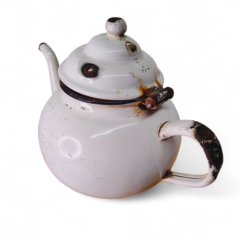 Primitive White Enamelware Teapot Kettle Farmhouse Decor Rustic Kitchen Vintage